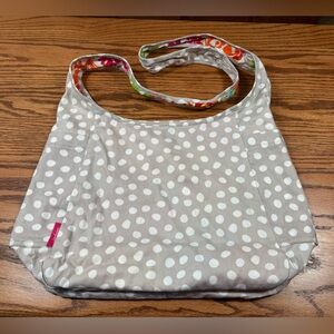 THIRTY ONE Gray White Dot Floral Reversible Hobo Crossbody Bag Cotton NWOT